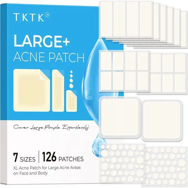 Main image of TKTK Large Pimple Patches for Face & Body Zit Breakouts, 7 Sizes 126 Count | XL Acne Patch, for Chin, Forehead, Chest, Back, Big Hydrocolloid Bandages, Square / Strip / Dot Shapes, for All Skin Types
