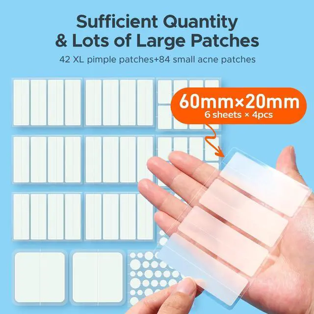 Alt view image 2 of 7 - TKTK Large Pimple Patches for Face & Body Zit Breakouts, 7 Sizes 126 Count | XL Acne Patch, for Chin, Forehead, Chest, Back, Big Hydrocolloid Bandages, Square / Strip / Dot Shapes, for All Skin Types