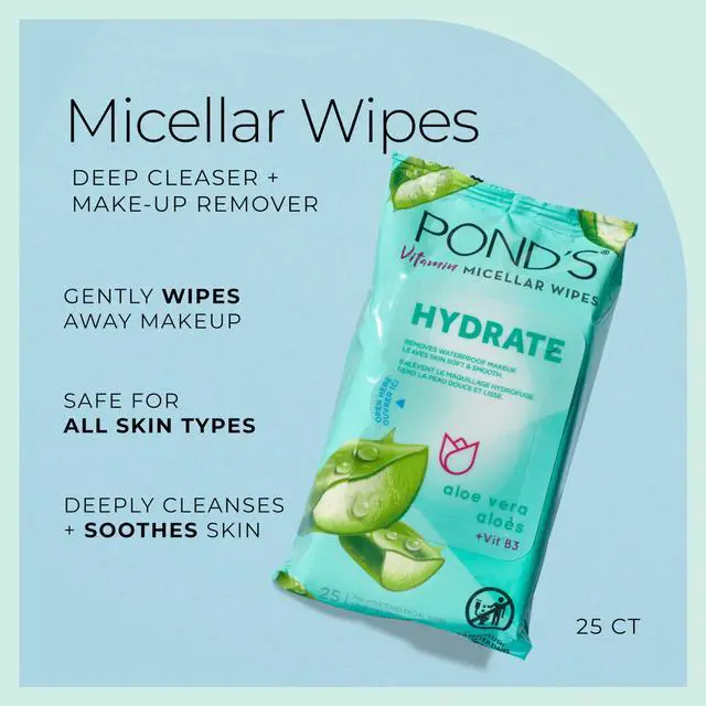 Alt view image 2 of 7 - PONDS Micellar Makeup Remover Wipes, Removes Waterproof Mascara, with Aloe Vera & Vitamin B3, Alcohol-Free Facial Cleansing Wipes for Dry Skin, 25 Count