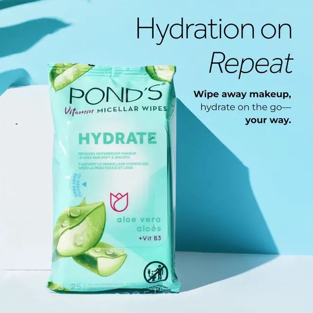 Alt view image 6 of 7 - PONDS Micellar Makeup Remover Wipes, Removes Waterproof Mascara, with Aloe Vera & Vitamin B3, Alcohol-Free Facial Cleansing Wipes for Dry Skin, 25 Count