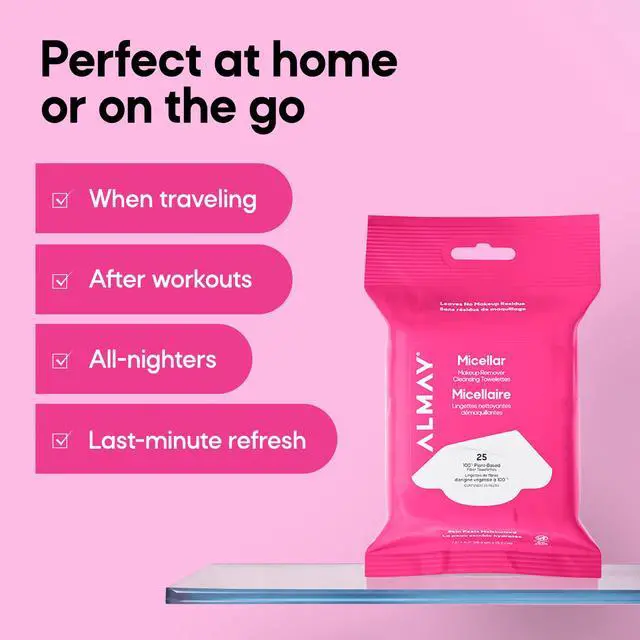 Alt view image 7 of 7 - Almay Micellar Makeup Remover Cleansing Towelettes, 25 Count | Micellar towelettes remove makeup, dirt, and oil easily and effectively. Skin feels fresh and moisturized.