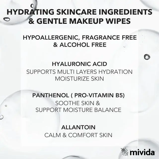 Alt view image 3 of 7 - mivida Hypoallergenic Makeup Remover Wipes With Hyaluronic Acid, Dermatologist Tested Alcohol Free & Fragrance Free Makeup Wipes For Sensitive Skin, Make Up Remover, Travel Friendly 2 × 25 Count