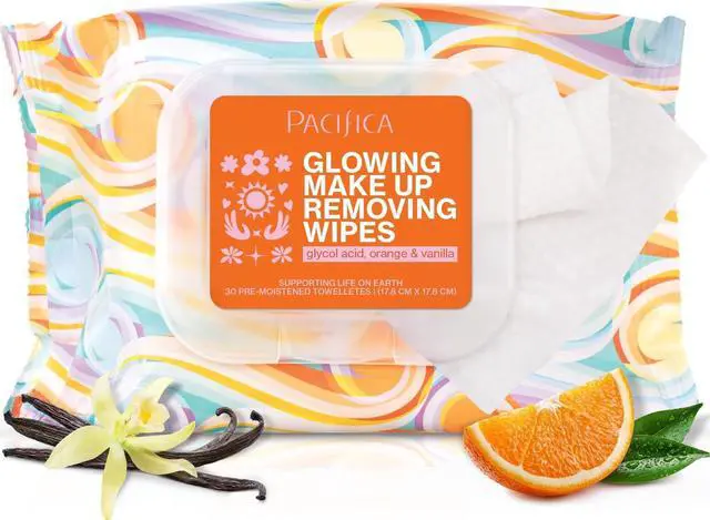 Main image of Pacifica, Glowing Makeup Remover Wipes - with Glycolic Acid for AHA Exfoliating and Facial Cleansing - No Rinse Face Cleaning Towelettes - Dermatologist Tested, 30 Count