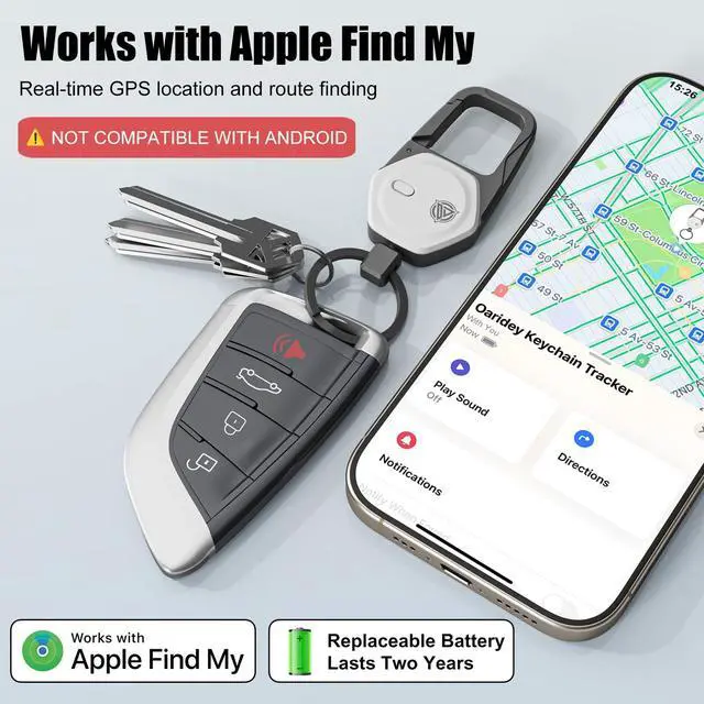 Alt view image 2 of 7 - Oaridey Keychain, Works with Apple Find My, Carabiner Car Key Chain with GPS Tracker, Heavy Duty Key Finder for Luggage, Bags, Anti-Lost Key Tracker with 2-Year Battery Life, High-Precision, White