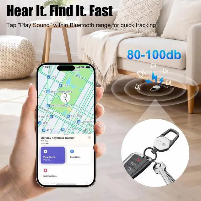 Alt view image 3 of 7 - Oaridey Keychain, Works with Apple Find My, Carabiner Car Key Chain with GPS Tracker, Heavy Duty Key Finder for Luggage, Bags, Anti-Lost Key Tracker with 2-Year Battery Life, High-Precision, White