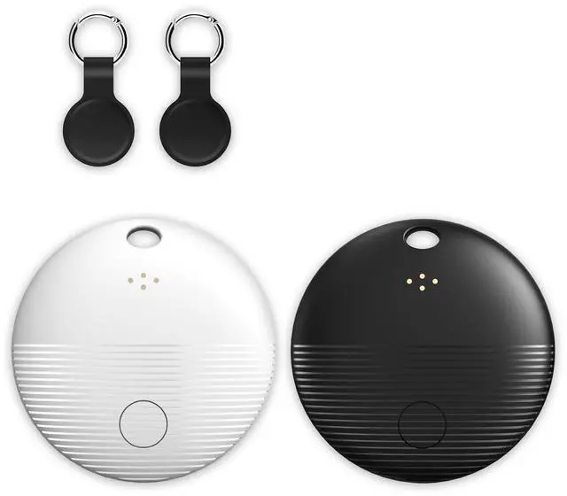 Main image of 2-Pack Bluetooth Tracker Tags Black & White for Android, Works with Google Find Hub Key Finder with 105dB Loud Alarm, Ultra Thin, 2 Silicone Keyring Cases & 2 Extra CR2032 Batteries Included