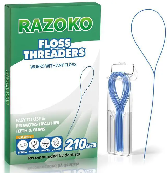 Main image of RAZOKO Dental Floss Threaders for Braces & Orthodontic Care | 210 Count Nylon Threader with Travel Case for Bridges, Implants & Crowns
