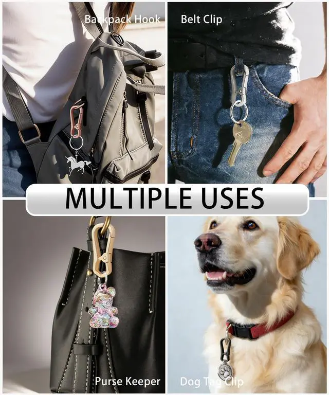 Alt view image 6 of 7 - hejojoyzao Metal Key Chain Carabiner Clip with Key Ring and D Ring | Heavy duty build, full accessory packs, quick release, multi purpose hook, belt loop holder, separate home and car fob sets