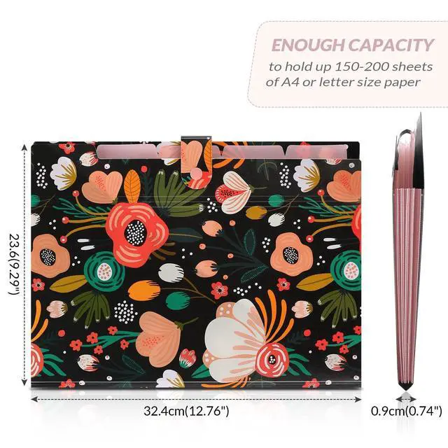 Alt view image 5 of 7 - SKYDUE Expanding File Folder with 5 Pockets, Floral Accordion File Organizer for Important Document, Portable Receipt Paper Organizer, School Office Supplies Black