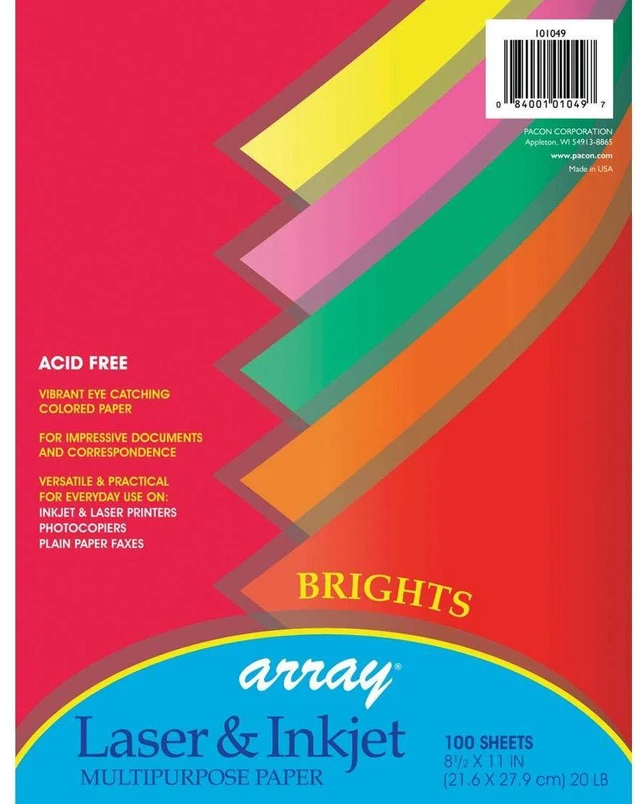 Main image of Pacon Bright Multi-Purpose Paper, 5 Assorted Colors, 20 lb., 8-1/2" x 11", 100 Sheets