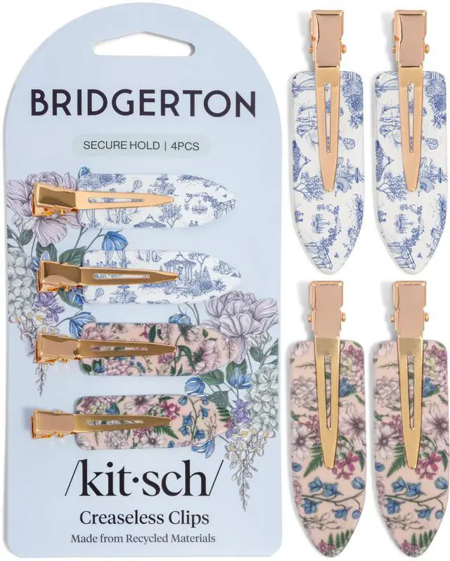 Main image of Bridgerton x Kitsch Creaseless Hair Clips for Women - Toile in Bloom, 4pcs | No Crease, No Bend Hair Clips for Styling, Bangs, Makeup Application, Face Wash Recycled Acrylic Hair Accessories