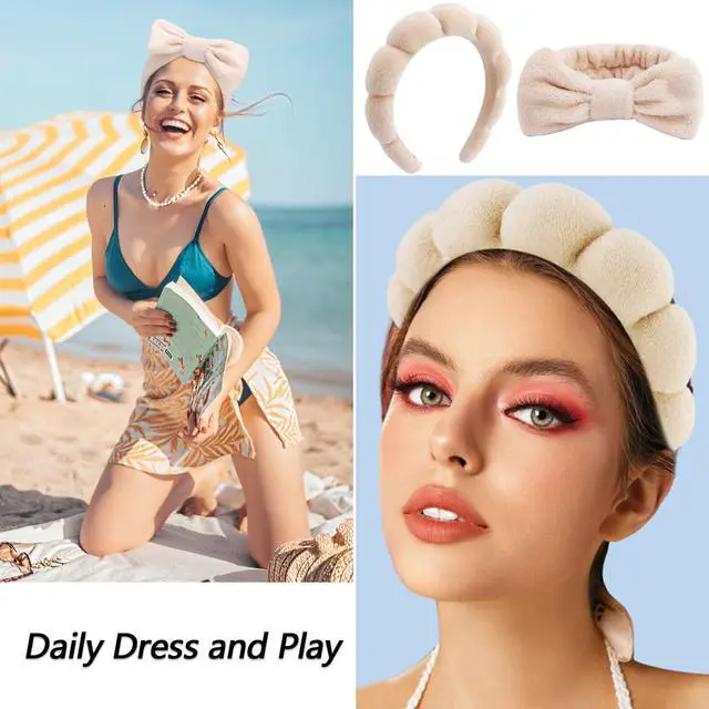 Alt view image 6 of 7 - 6 Pack Spa Headband, Makeup Headband, Face Wash Headbands, Skincare Headbands, Brown Sponge Hair Band Bow Tie Spa Head Band for Washing Face Wristband Set Hair Accessories for Women
