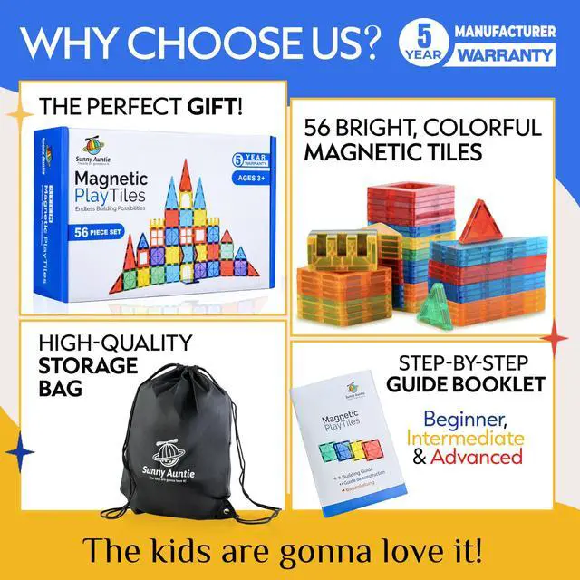 Alt view image 2 of 7 - Magnetic Tiles 56 PCS Building Set Magnetic Building Tiles STEM Toy for Kids & Toddlers Ages 3-8, Magnet Construction Set for Boys & Girls