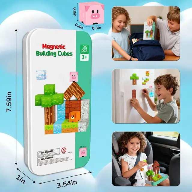 Alt view image 3 of 7 - Magnetic Blocks Minecraft-Style Magnetic Building Blocks Cubes - 35PCS Tin Box Magnet Toys Travel Set STEM Educational for Kids Ages 4-8 6-8 8-12 Year Old Boys Girls Birthday Christmas