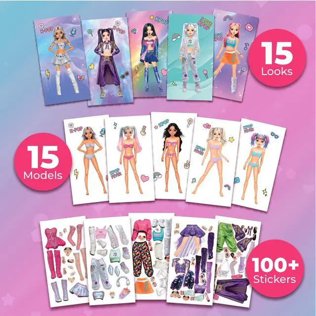 Alt view image 3 of 6 - Kpop Sticker Book Girls Fashion Design Activity for Kids | Dress up K-Pop singers with stickers and style guides; creative performance fashion fun for girls ages 5 and up.