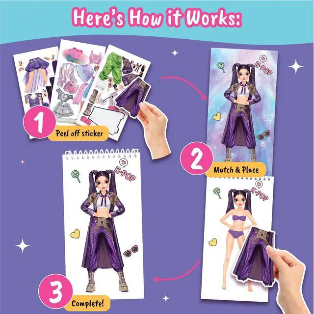 Alt view image 4 of 6 - Kpop Sticker Book Girls Fashion Design Activity for Kids | Dress up K-Pop singers with stickers and style guides; creative performance fashion fun for girls ages 5 and up.