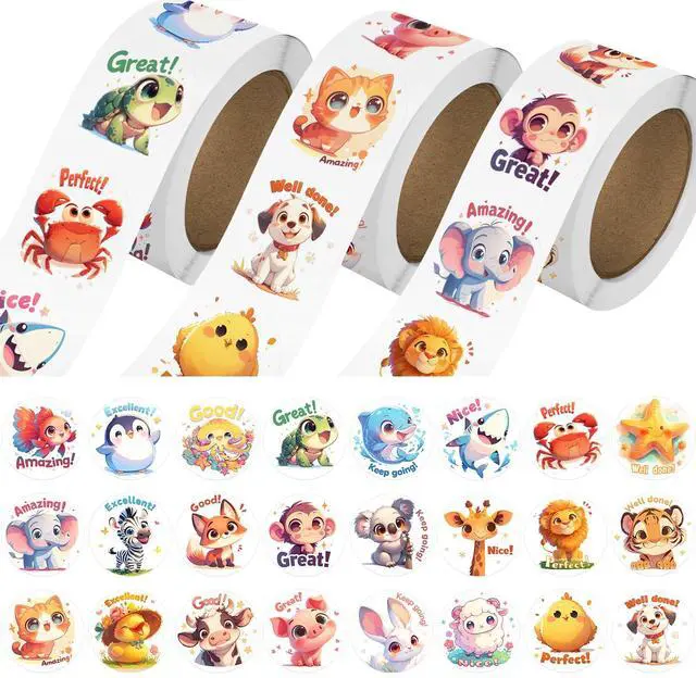 Main image of 3 Rolls Animal Stickers for Kids, 1500 PCS Kids Stickers Bulk for Toddlers 2-4, 24 Designs Farm/Ocean/Wild Cute Sticker with Motivational Words for Kid Reward, School Supplies (1.0 Inch)