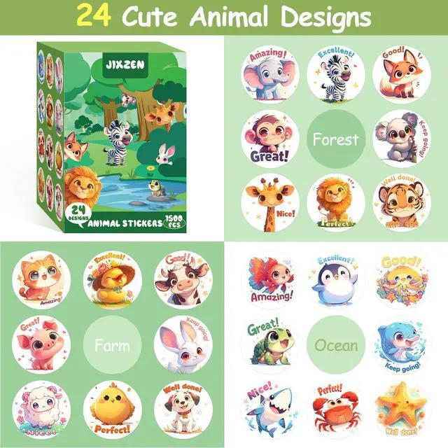 Alt view image 2 of 6 - 3 Rolls Animal Stickers for Kids, 1500 PCS Kids Stickers Bulk for Toddlers 2-4, 24 Designs Farm/Ocean/Wild Cute Sticker with Motivational Words for Kid Reward, School Supplies (1.0 Inch)