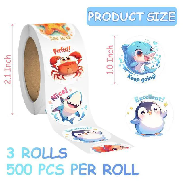 Alt view image 3 of 6 - 3 Rolls Animal Stickers for Kids, 1500 PCS Kids Stickers Bulk for Toddlers 2-4, 24 Designs Farm/Ocean/Wild Cute Sticker with Motivational Words for Kid Reward, School Supplies (1.0 Inch)