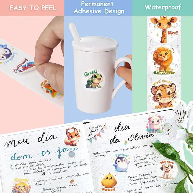 Alt view image 5 of 6 - 3 Rolls Animal Stickers for Kids, 1500 PCS Kids Stickers Bulk for Toddlers 2-4, 24 Designs Farm/Ocean/Wild Cute Sticker with Motivational Words for Kid Reward, School Supplies (1.0 Inch)