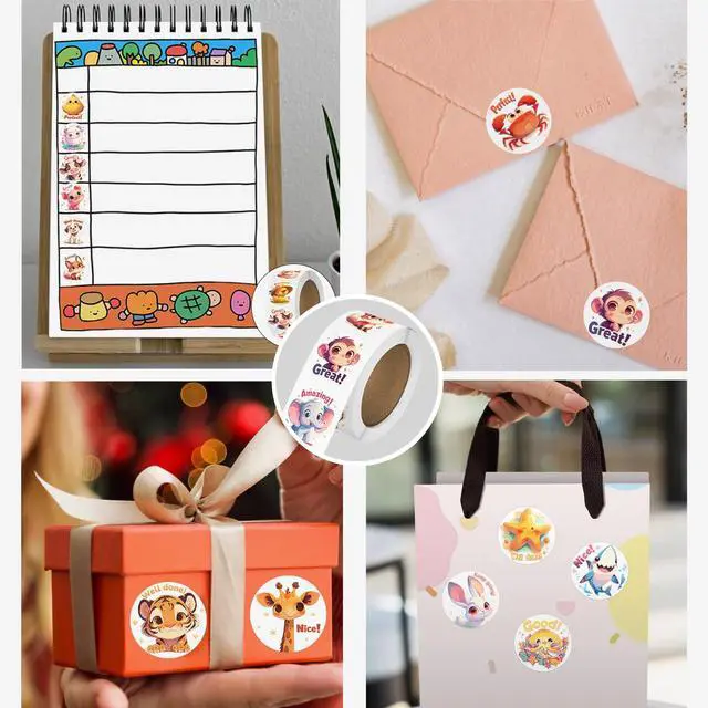 Alt view image 6 of 6 - 3 Rolls Animal Stickers for Kids, 1500 PCS Kids Stickers Bulk for Toddlers 2-4, 24 Designs Farm/Ocean/Wild Cute Sticker with Motivational Words for Kid Reward, School Supplies (1.0 Inch)