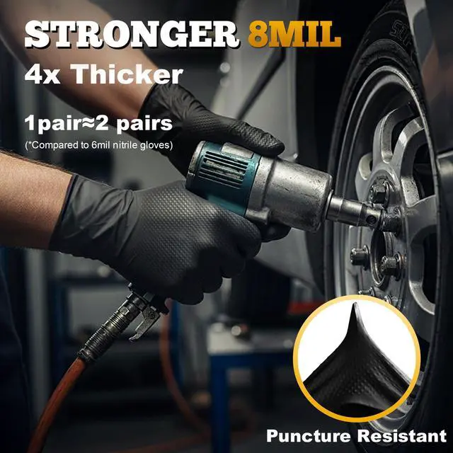 Alt view image 2 of 7 - Heavy Duty Black Industrial Nitrile Gloves, 8-mil, XL, Box of 100, Latex Free, Raised Diamond Texture, Powder Free, Food Safe, Rubber Gloves, Mechanic Gloves(XL)