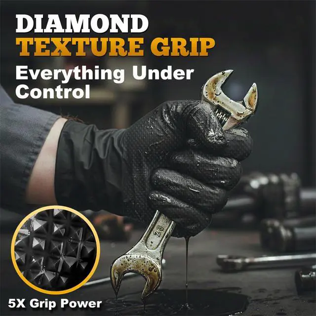 Alt view image 3 of 7 - Heavy Duty Black Industrial Nitrile Gloves, 8-mil, XL, Box of 100, Latex Free, Raised Diamond Texture, Powder Free, Food Safe, Rubber Gloves, Mechanic Gloves(XL)