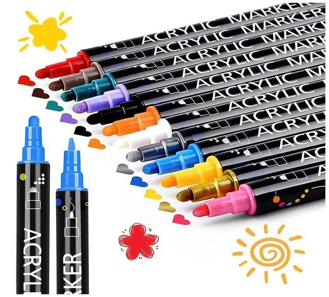 Main image of 12 Colors Dual Tip Acrylic Paint Markers, Fine Tip and Dot Tip Paint Pens Acrylic Paint Pens for Rock Painting, Wood, Glass, Ceramic, Fabric, Metal, Plastic, Paper, Canvas, DIY Art Supplies