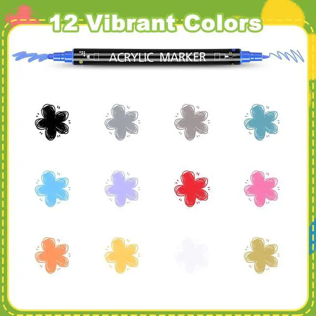 Alt view image 2 of 7 - 12 Colors Dual Tip Acrylic Paint Markers, Fine Tip and Dot Tip Paint Pens Acrylic Paint Pens for Rock Painting, Wood, Glass, Ceramic, Fabric, Metal, Plastic, Paper, Canvas, DIY Art Supplies