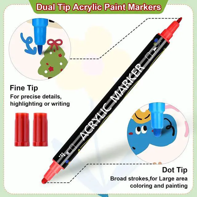 Alt view image 3 of 7 - 12 Colors Dual Tip Acrylic Paint Markers, Fine Tip and Dot Tip Paint Pens Acrylic Paint Pens for Rock Painting, Wood, Glass, Ceramic, Fabric, Metal, Plastic, Paper, Canvas, DIY Art Supplies