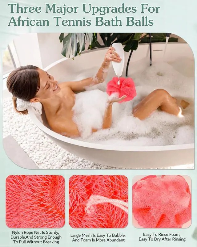 Alt view image 3 of 7 - African Net Sponge for Shower, 3 Pack Exfoliating Body Scrubber, Long Mesh Body Scrubber & Back Washer for Women and Men, Gentle Skin Exfoliator for Daily Use, Mesh Shower Pouf Balls for Body Wash