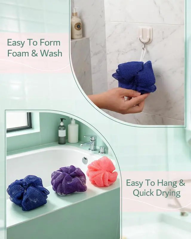 Alt view image 6 of 7 - African Net Sponge for Shower, 3 Pack Exfoliating Body Scrubber, Long Mesh Body Scrubber & Back Washer for Women and Men, Gentle Skin Exfoliator for Daily Use, Mesh Shower Pouf Balls for Body Wash