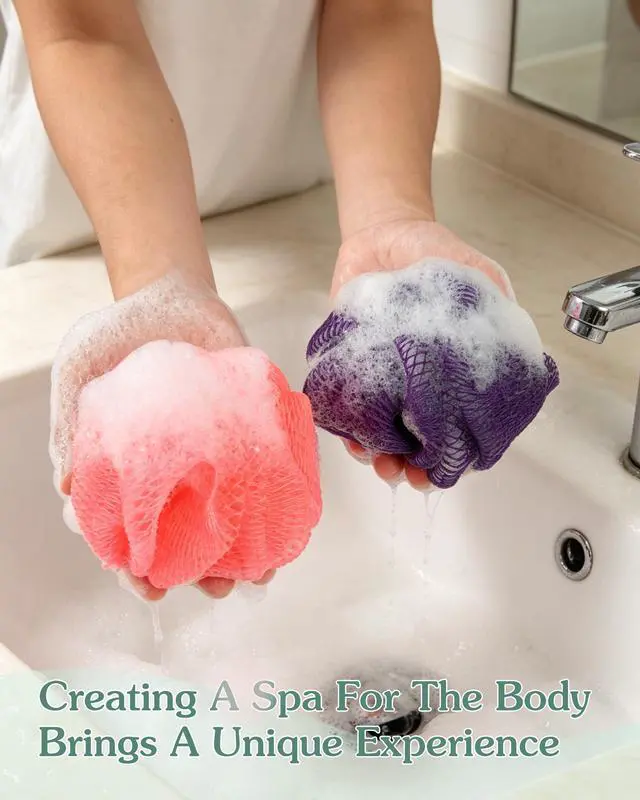 Alt view image 5 of 7 - African Net Sponge for Shower, 3 Pack Exfoliating Body Scrubber, Long Mesh Body Scrubber & Back Washer for Women and Men, Gentle Skin Exfoliator for Daily Use, Mesh Shower Pouf Balls for Body Wash