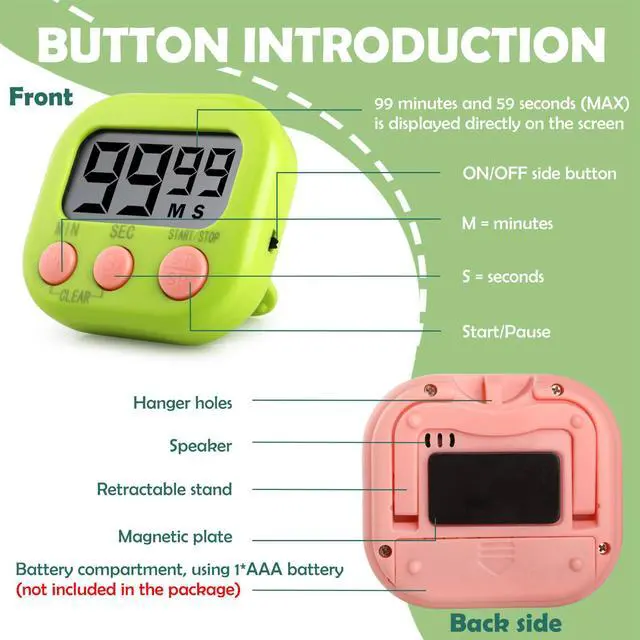 Alt view image 2 of 7 - Kitchen Timers 4 Pack, Electronic Timers with Loud Alarm for Cooking, Magnetic Digital Timers Big LCD Display Blue Green Pink White (No Battery Included)