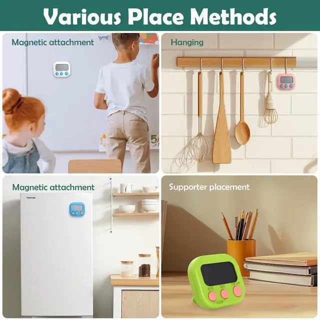 Alt view image 6 of 7 - Kitchen Timers 4 Pack, Electronic Timers with Loud Alarm for Cooking, Magnetic Digital Timers Big LCD Display Blue Green Pink White (No Battery Included)
