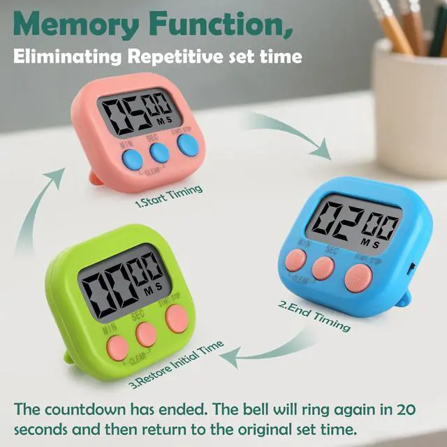 Alt view image 4 of 7 - Kitchen Timers 4 Pack, Electronic Timers with Loud Alarm for Cooking, Magnetic Digital Timers Big LCD Display Blue Green Pink White (No Battery Included)