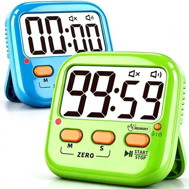 Main image of 2 Pack Digital Timer for Kids Teacher Classroom Kitchen Office | W/ AAA Battery, Out of the Box, Fast Reset, Memory, Loud Alarm, LED Mute Mode, Magnetic/Kickstand/Hanging, Count Up/Down