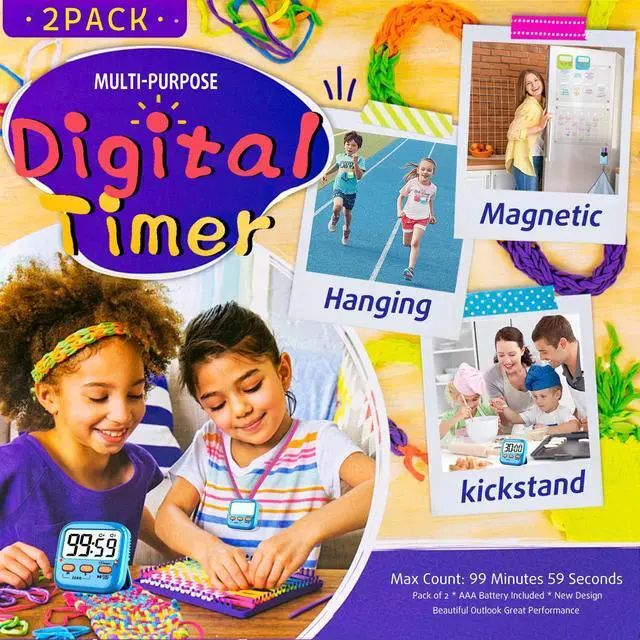 Alt view image 4 of 7 - 2 Pack Digital Timer for Kids Teacher Classroom Kitchen Office | W/ AAA Battery, Out of the Box, Fast Reset, Memory, Loud Alarm, LED Mute Mode, Magnetic/Kickstand/Hanging, Count Up/Down