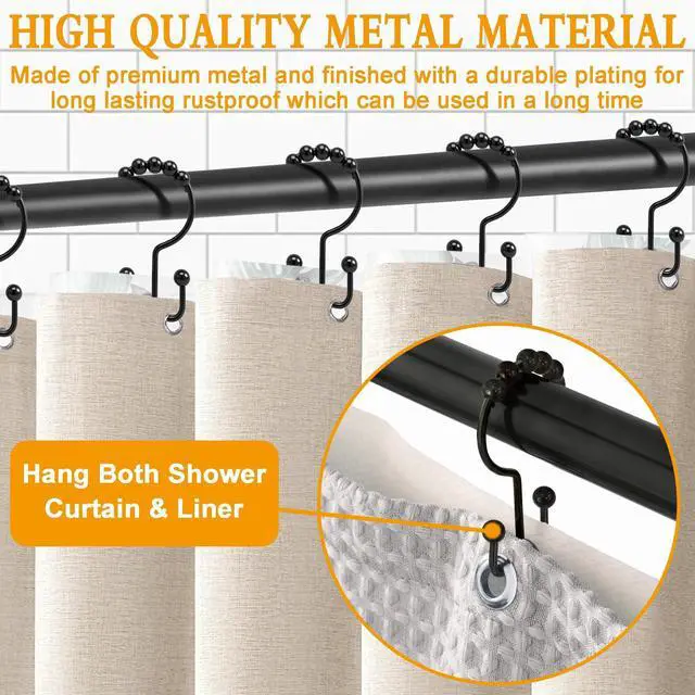 Alt view image 2 of 7 - Shower Curtain Hooks, 12 Pcs Rustproof Metal Shower Curtain Rings,Free Sliding Double Shower Hooks for Shower Curtain & Liners, Shower Curtain Hangers for Bathroom Shower Curtain Rods Curtains (Black)