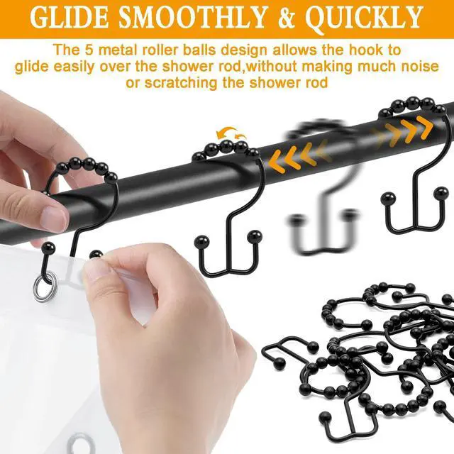 Alt view image 3 of 7 - Shower Curtain Hooks, 12 Pcs Rustproof Metal Shower Curtain Rings,Free Sliding Double Shower Hooks for Shower Curtain & Liners, Shower Curtain Hangers for Bathroom Shower Curtain Rods Curtains (Black)