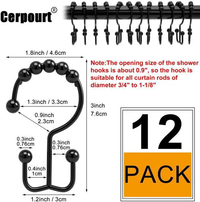 Alt view image 4 of 7 - Shower Curtain Hooks, 12 Pcs Rustproof Metal Shower Curtain Rings,Free Sliding Double Shower Hooks for Shower Curtain & Liners, Shower Curtain Hangers for Bathroom Shower Curtain Rods Curtains (Black)