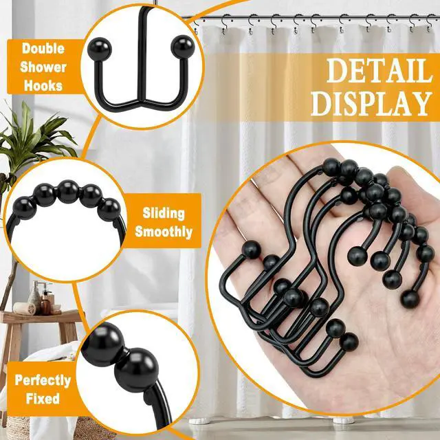 Alt view image 5 of 7 - Shower Curtain Hooks, 12 Pcs Rustproof Metal Shower Curtain Rings,Free Sliding Double Shower Hooks for Shower Curtain & Liners, Shower Curtain Hangers for Bathroom Shower Curtain Rods Curtains (Black)