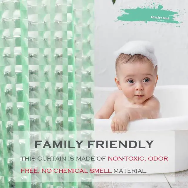 Alt view image 7 of 7 - Green 3D Crystal Plastic Shower Curtain Liner, 72x72 Inch Thin Lightweight Ice Cube Plastic Bathroom Shower Showroom Inner Curtain with Rustproof Metal Grommet Holes and Weighted Magnets