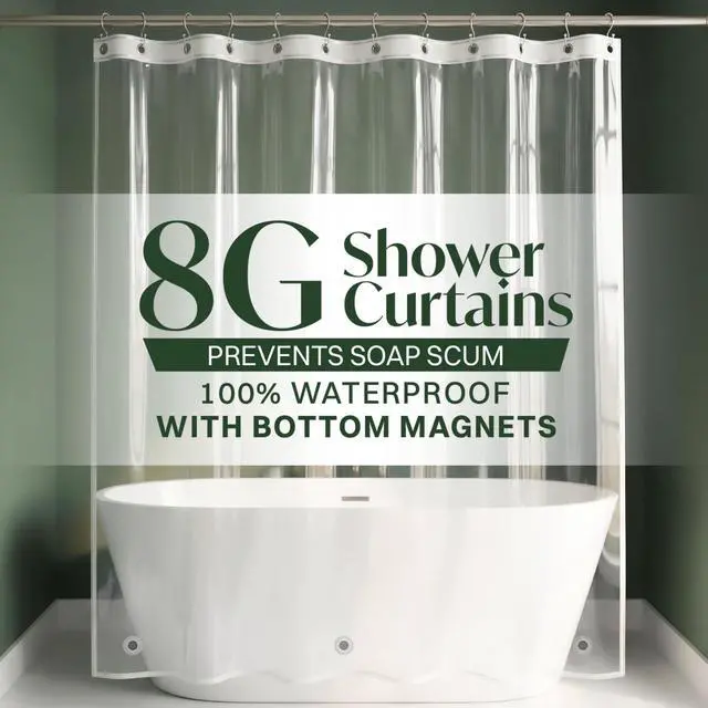 Main image of PEVA Shower Curtain Liner 8G, 72 x 72 Waterproof Bathroom Curtain | Reusable Bathroom Curtain, Wipe Clean Surface, Standard Shower Hooks Compatible, Everyday Bathroom Use