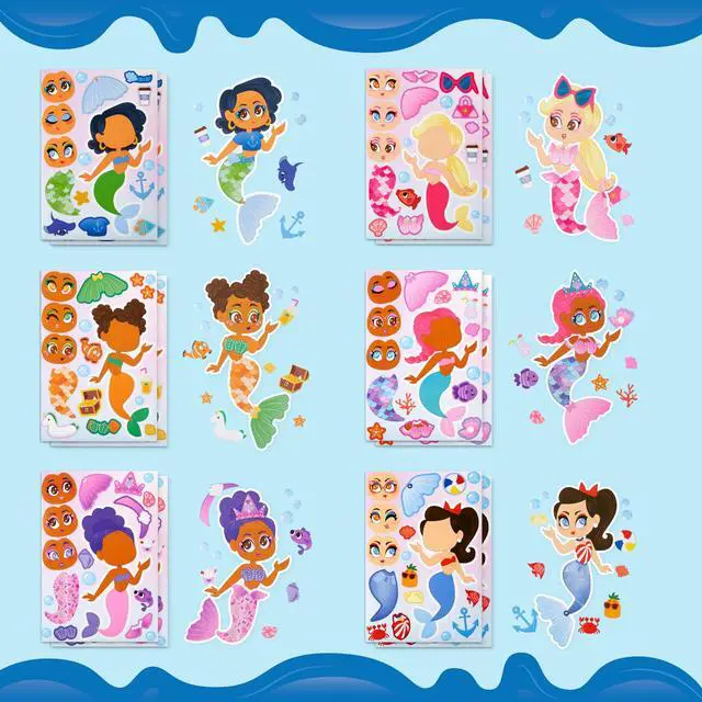Alt view image 2 of 7 - 24 Sheets 9"x6" Make a face Stickers for Kids, Make Your Own Mermaid Stickers, Party Favors Kids Crafts, Goodie Bags Stuffers Classroom Activities