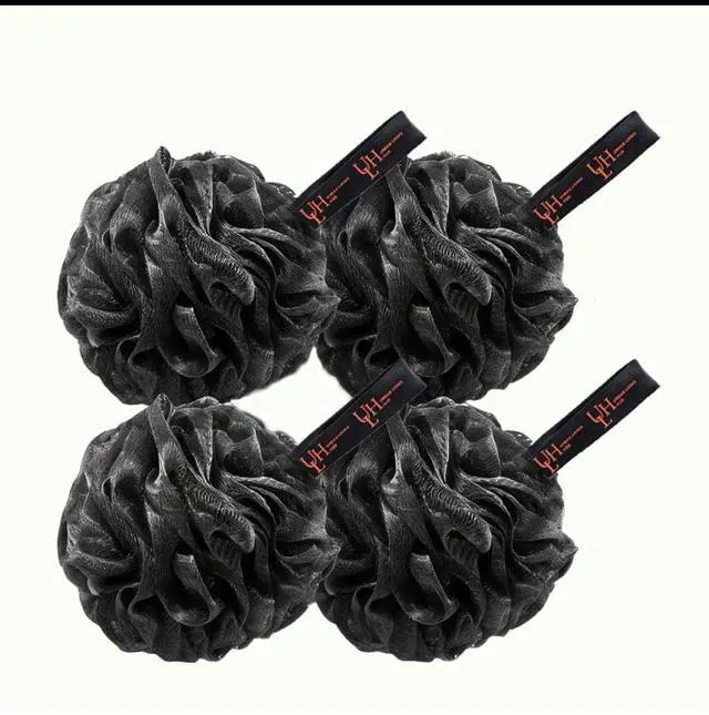 Main image of Bath Loofah Sponge 4 Pack, Exfoliating Shower Pouf for Women & Men, Soft Mesh Body Scrubber for Deep Cleansing, Rich Lather, Dead Skin Removal, Black, 60g Each