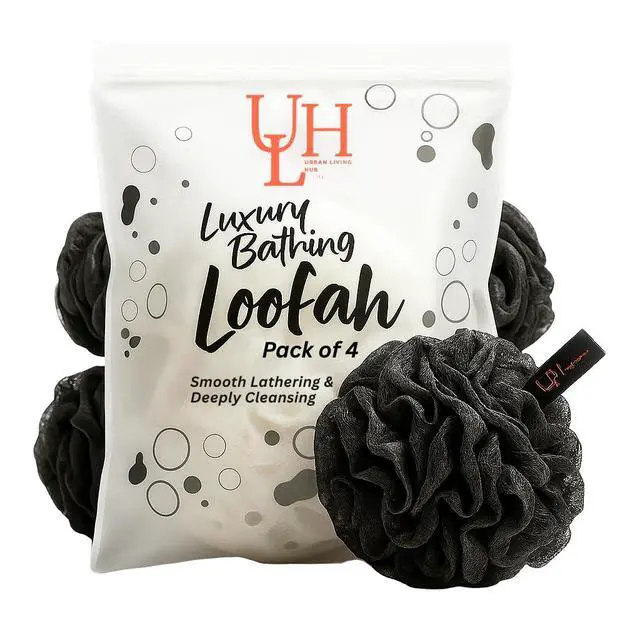 Alt view image 2 of 7 - Bath Loofah Sponge 4 Pack, Exfoliating Shower Pouf for Women & Men, Soft Mesh Body Scrubber for Deep Cleansing, Rich Lather, Dead Skin Removal, Black, 60g Each