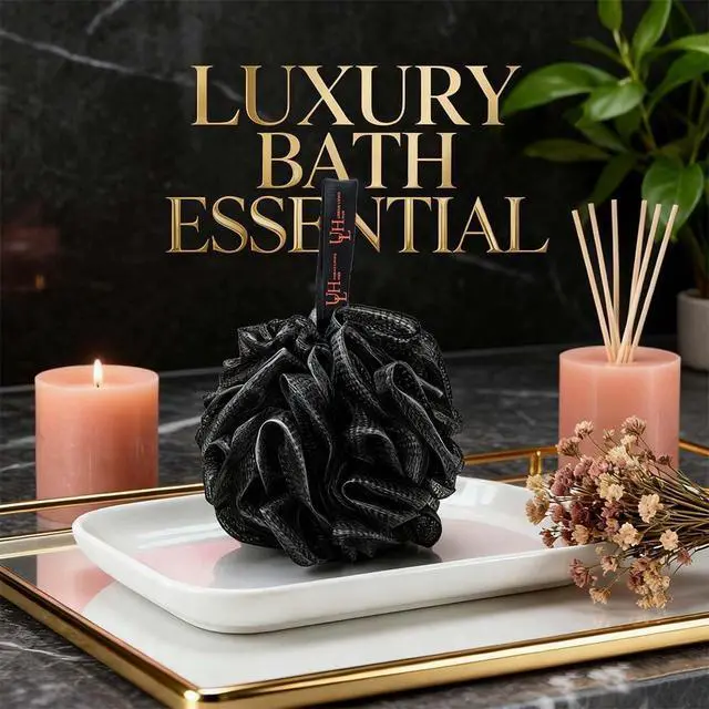 Alt view image 4 of 7 - Bath Loofah Sponge 4 Pack, Exfoliating Shower Pouf for Women & Men, Soft Mesh Body Scrubber for Deep Cleansing, Rich Lather, Dead Skin Removal, Black, 60g Each