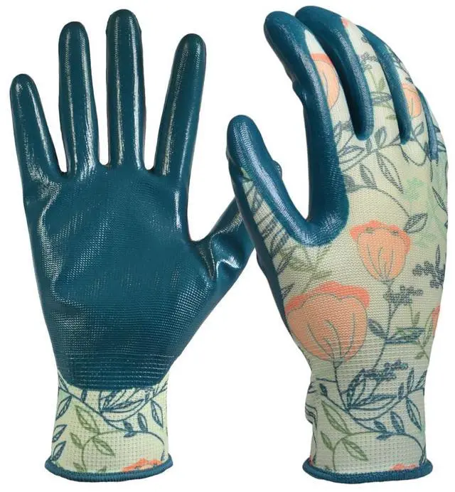 Main image of Garden Gloves, Large, 1 Pair, Coral Floral | Latex-free nitrile coating with breathable knit back for planting and yard work, flexible grip helps protect from scrapes