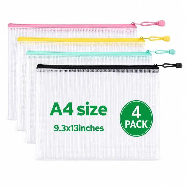 Main image of Mesh Zipper Bags 4 Pack A4 Size Plastic Storage Pouches with Zipper | Water-Resistant Clear Mesh Organizer for Documents Papers, Office Supplies, Cosmetics Travel Toiletries, Reusable A4 Size